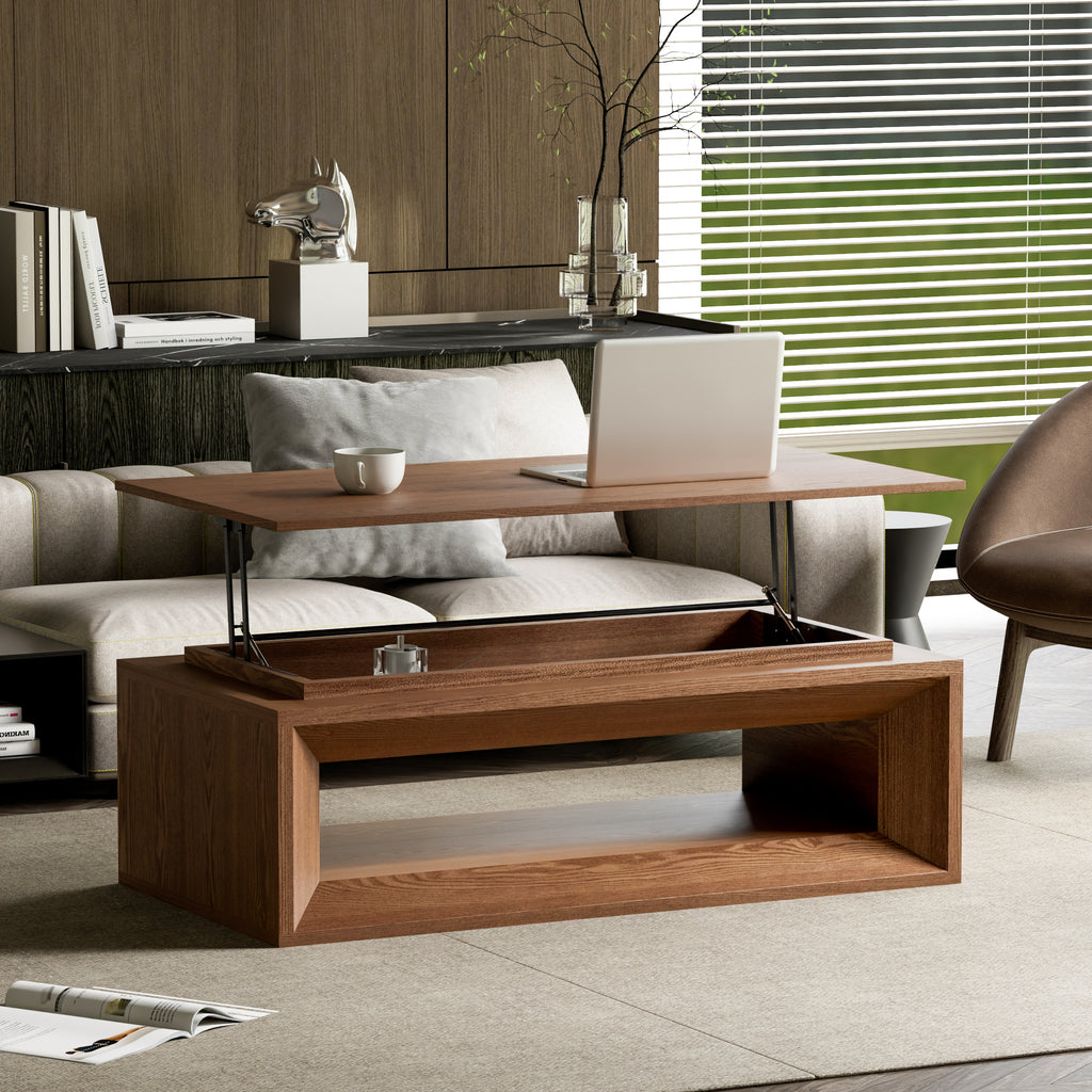 Walnut wood veneer lift-top coffee table 43 inch — front view