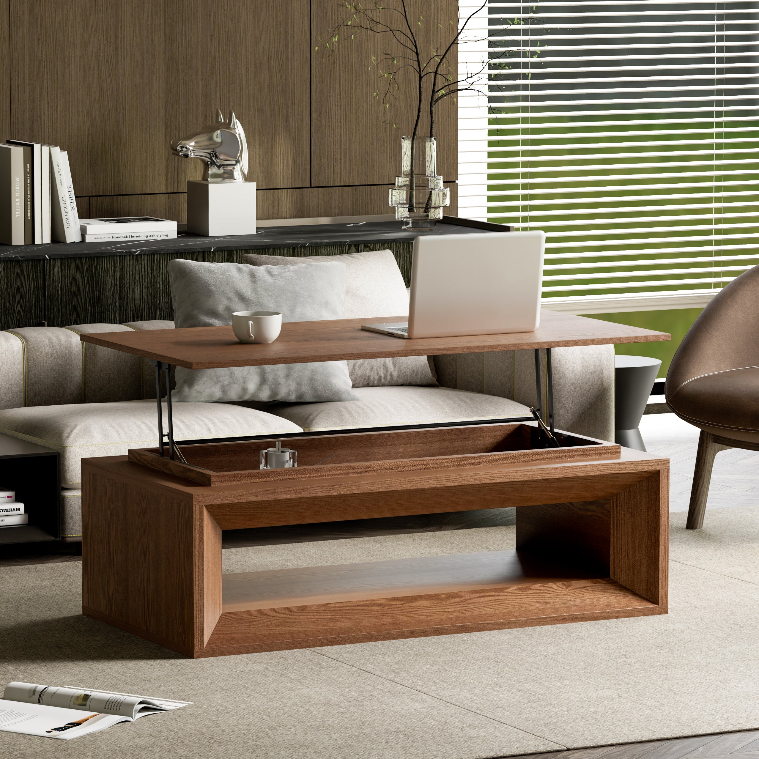 Walnut wood veneer lift-top coffee table 43 inch — front view