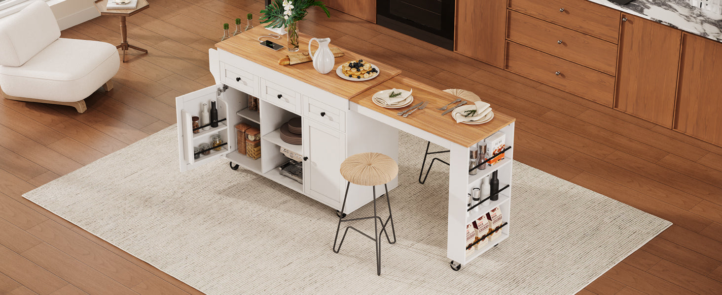 K&K 85.5' Kitchen Island with Extendable Dining Table, Kitchen Storage Table with 3 Side Open Shelves, Rolling Kitchen Island with Power Outlet, 3 Drawers, 2 Doors, for Kitchen, Dining Room, Black