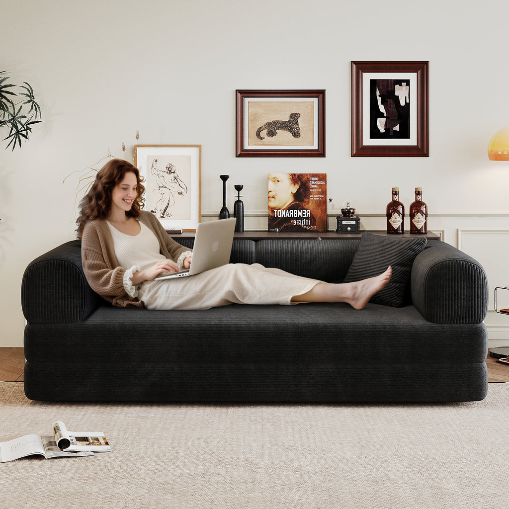 Compression floor sofa bed with backrest support — side profile
