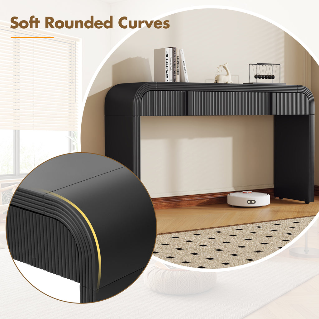 Black glossy console table rounded curves profile