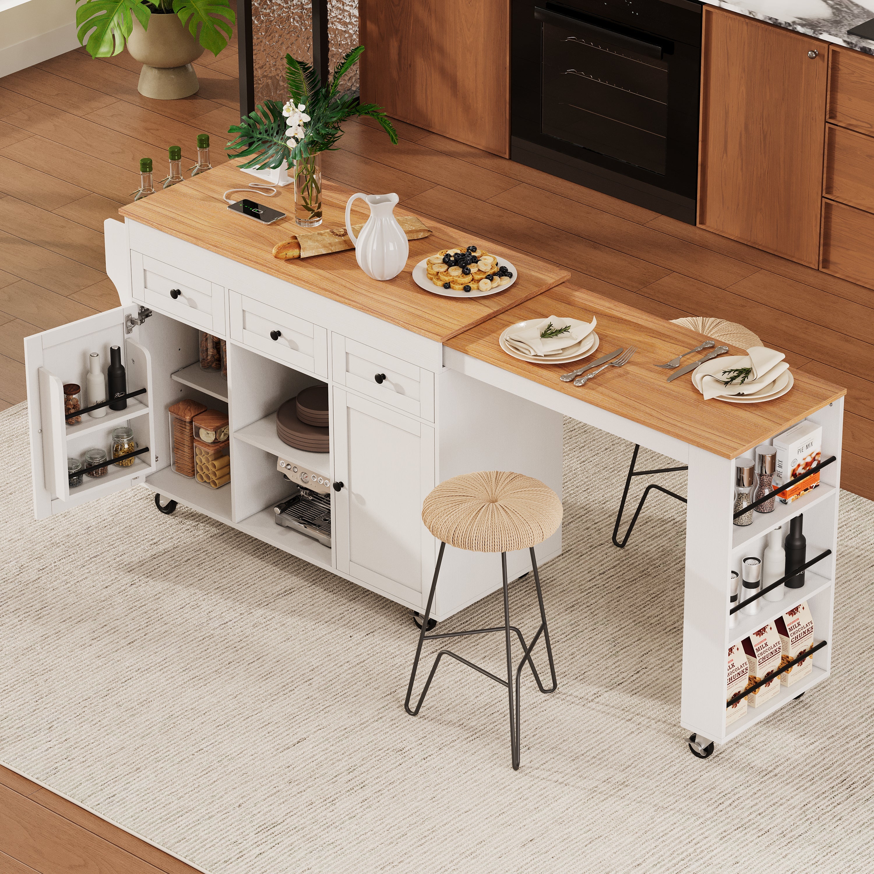 K&K 85.5' Kitchen Island with Extendable Dining Table, Kitchen Storage Table with 3 Side Open Shelves, Rolling Kitchen Island with Power Outlet, 3 Drawers, 2 Doors, for Kitchen, Dining Room, Black