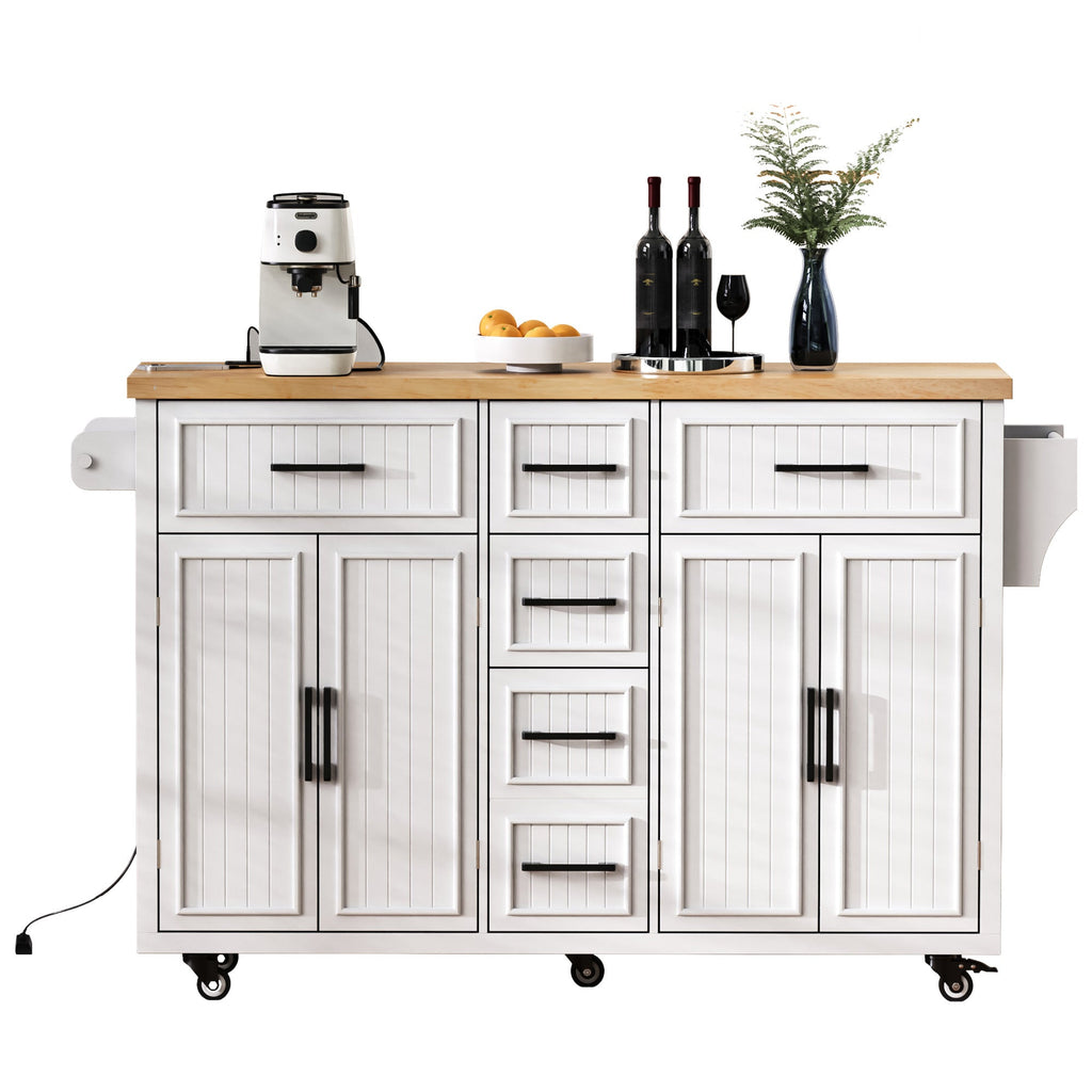K&K 56.5'' Kitchen Island with Drop Leaf, Power Outlet, Embossed Vertical Stripe Rolling Kitchen Cart on Wheels with 4 Doors , 5 Deep Drawers and Adjustable Shelves, for Kitchen, Dining Room, Black