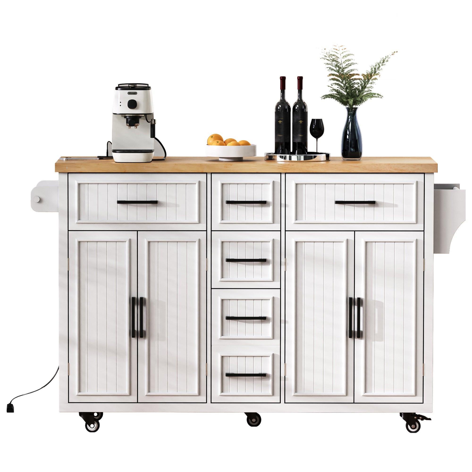 K&K 56.5'' Kitchen Island with Drop Leaf, Power Outlet, Embossed Vertical Stripe Rolling Kitchen Cart on Wheels with 4 Doors , 5 Deep Drawers and Adjustable Shelves, for Kitchen, Dining Room, Black