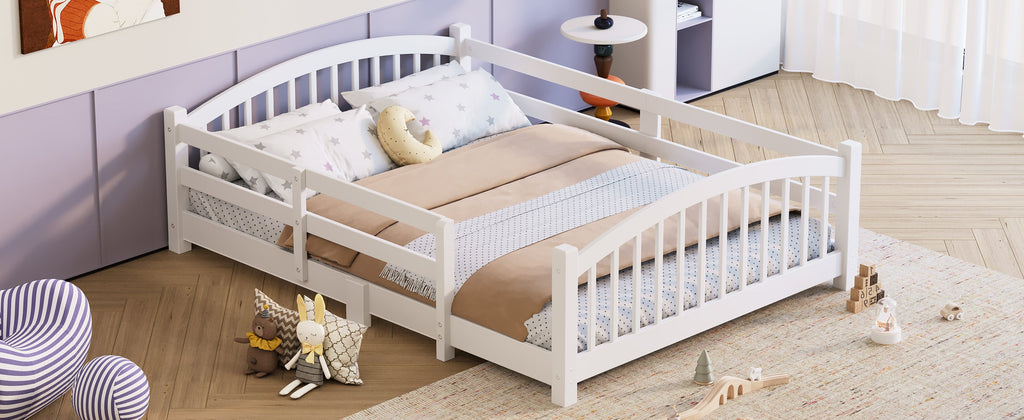 Full Montessori Floor Bed with Slats and Safety Guardrails, Solid Wood Floor Bed with Fence and Without Door, Easy Assemble Montessori Bed for Girls and Boys, Gray