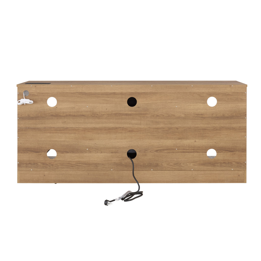Oak TV stand side profile with fireplace and storage
