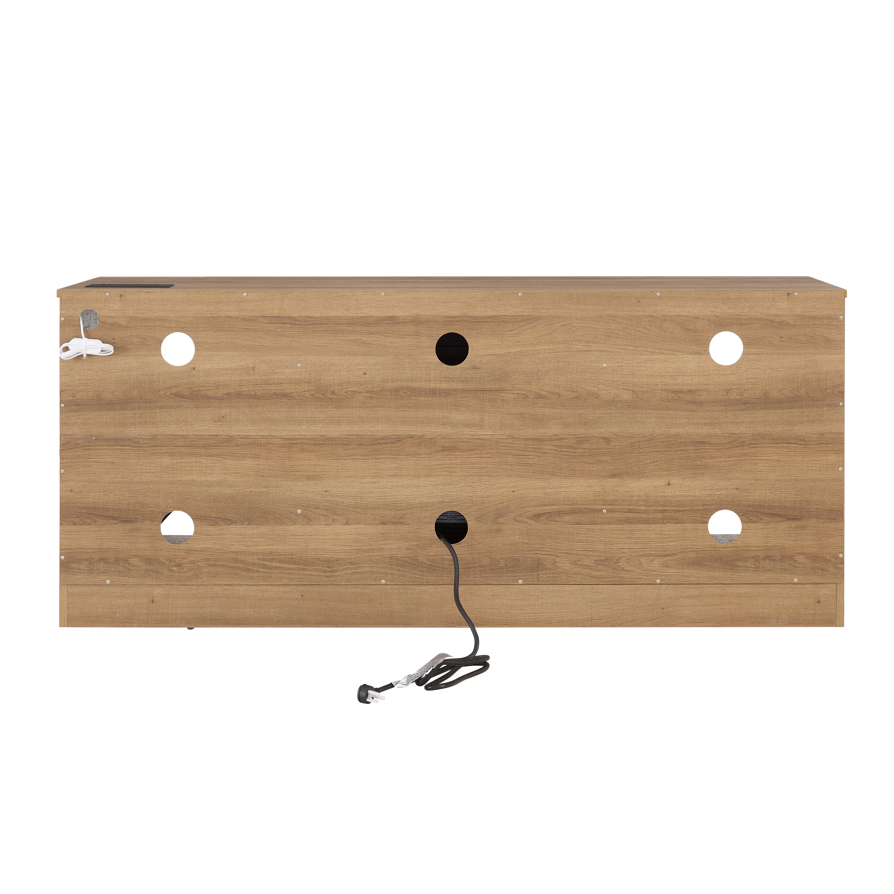 Oak TV stand side profile with fireplace and storage