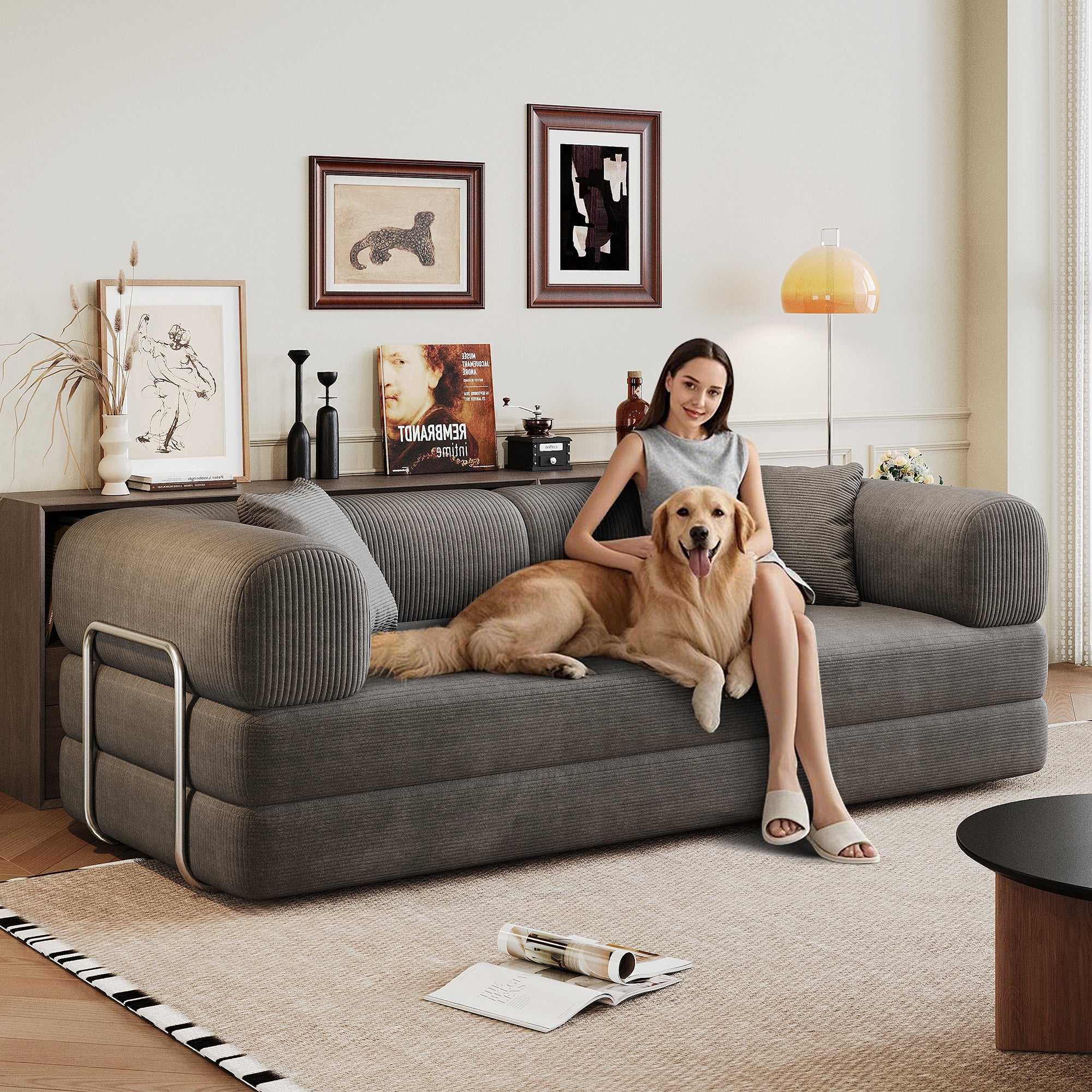 Corduroy Compression Convertible Floor Sofa Bed — Modular Loveseat, 78.8" Wide