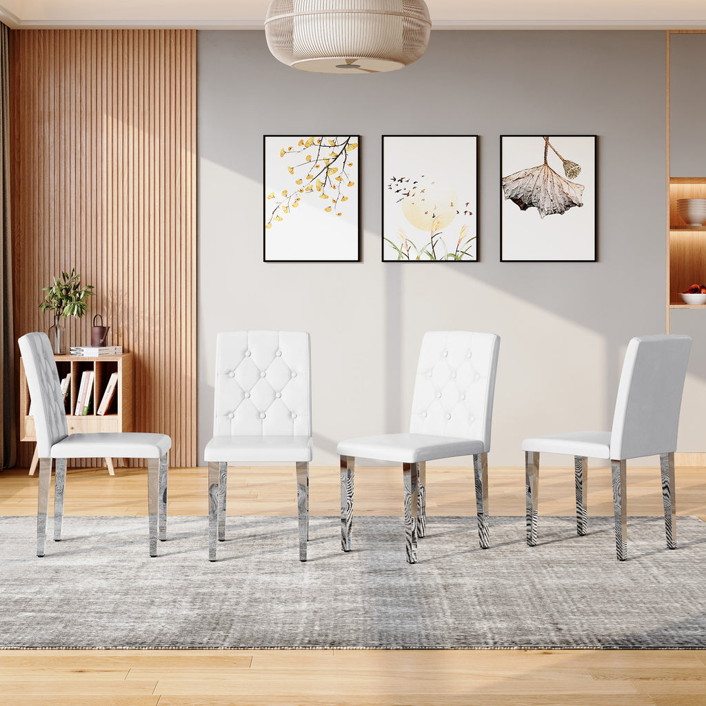 4-pack white PU dining chairs: ergonomic buckle backrest, 35 inches high, silver metal legs,Combines Comfort and Texture.Perfectly suitable for family dining rooms,hotel banquet halls,etc.W1151P295715