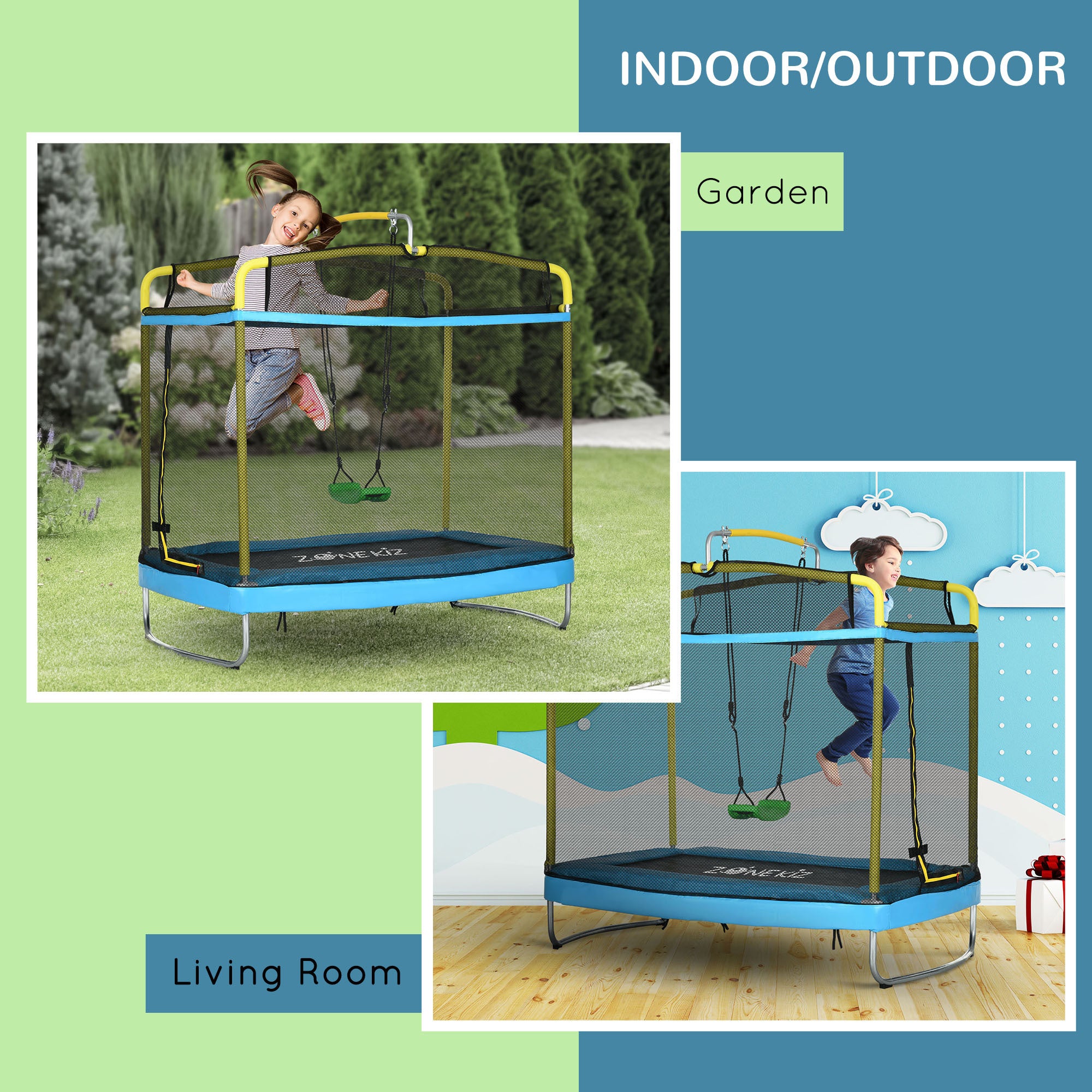 Kids trampoline with swing attachment full view