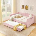 Full‑Size Daybed,Gingham Upholstered Daybed Equipped with Pull-Out Trundle Bed Frame & Side Storage Pocket, Solid Wood Frame Multi-Functional Sofa Bed for Kids Room & Guest Bedroom-PINK