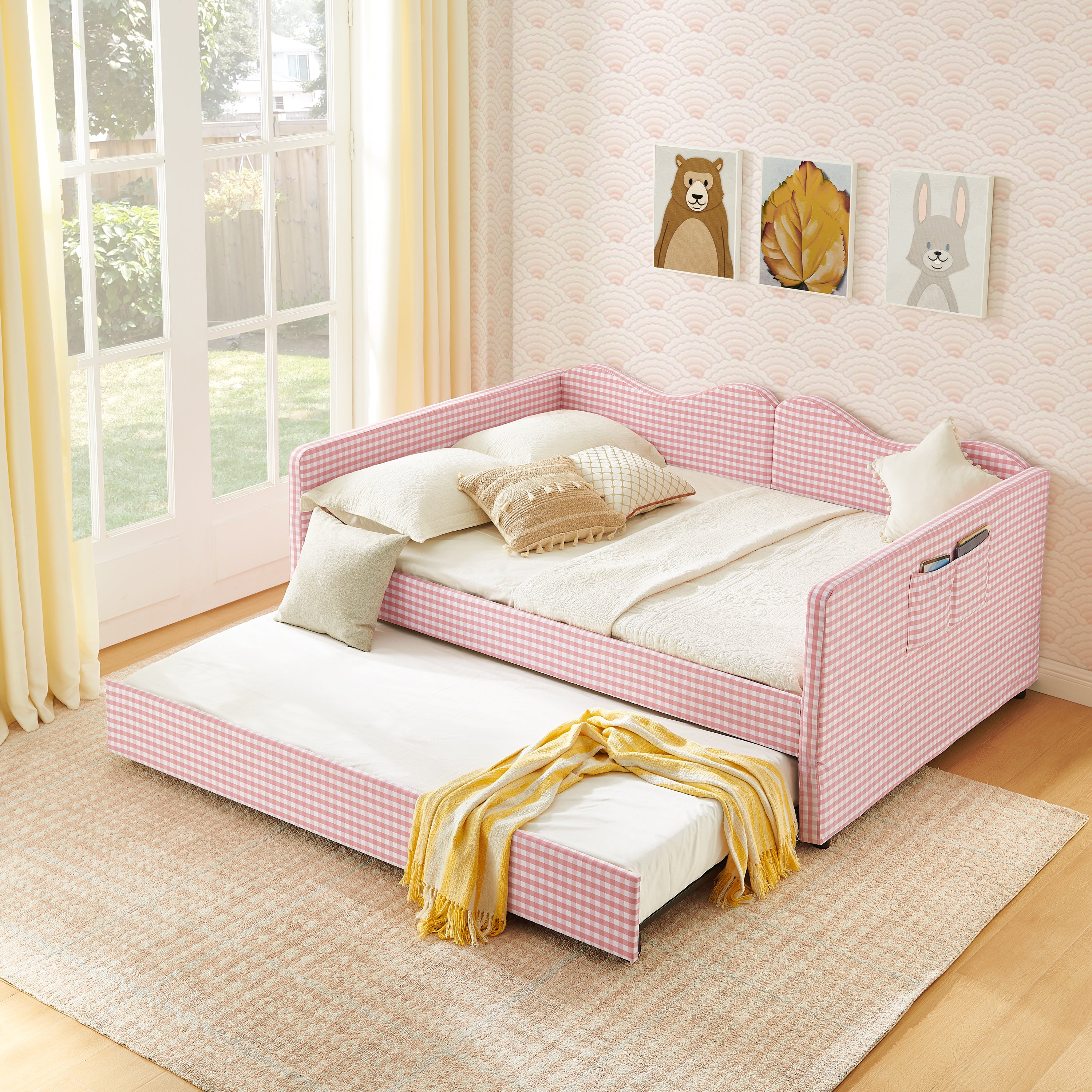 Full‑Size Daybed,Gingham Upholstered Daybed Equipped with Pull-Out Trundle Bed Frame & Side Storage Pocket, Solid Wood Frame Multi-Functional Sofa Bed for Kids Room & Guest Bedroom-PINK