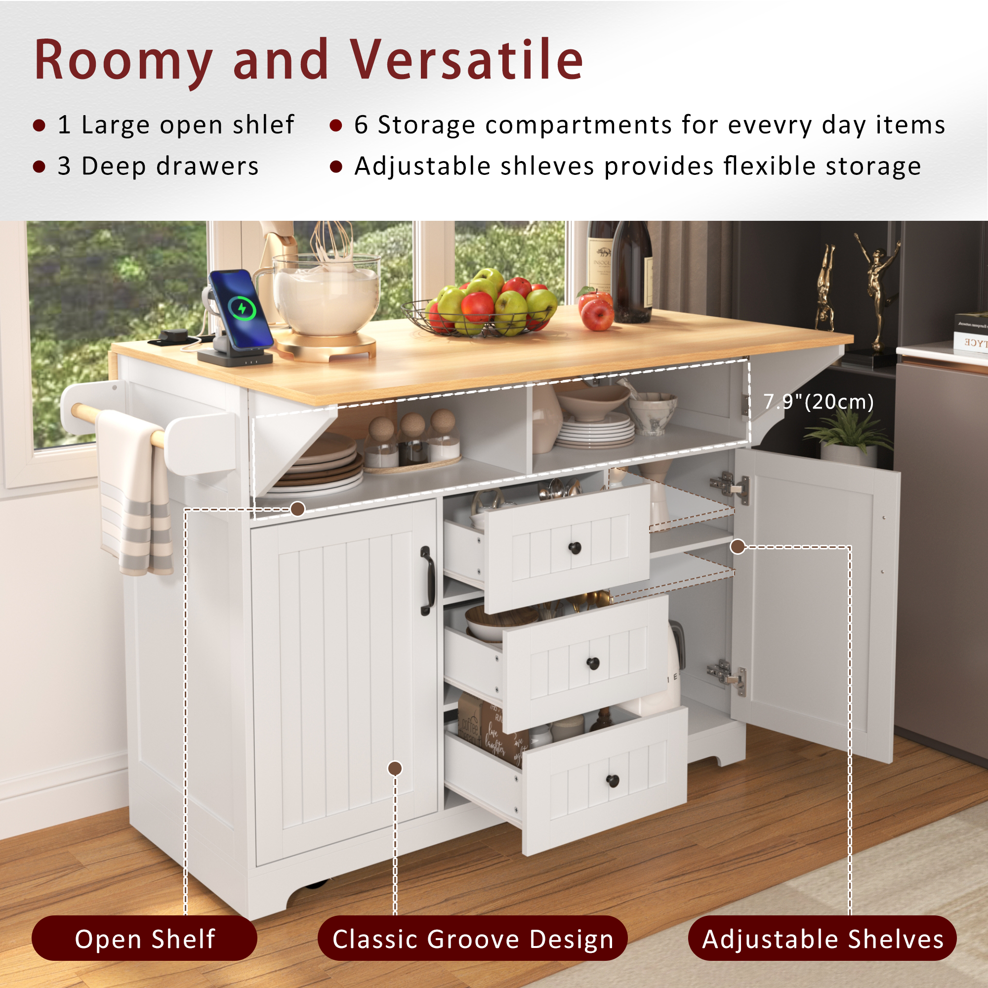 K&K 55.7'' Large Kitchen Island with 2 Drop Leaf,, Rolling Kitchen Cart on 5 Wheels with Power Outlet, Folding Storage Dining Table with Spice & Towel Rack , 3 Drawers, for Kitchen, Dining Room,Black