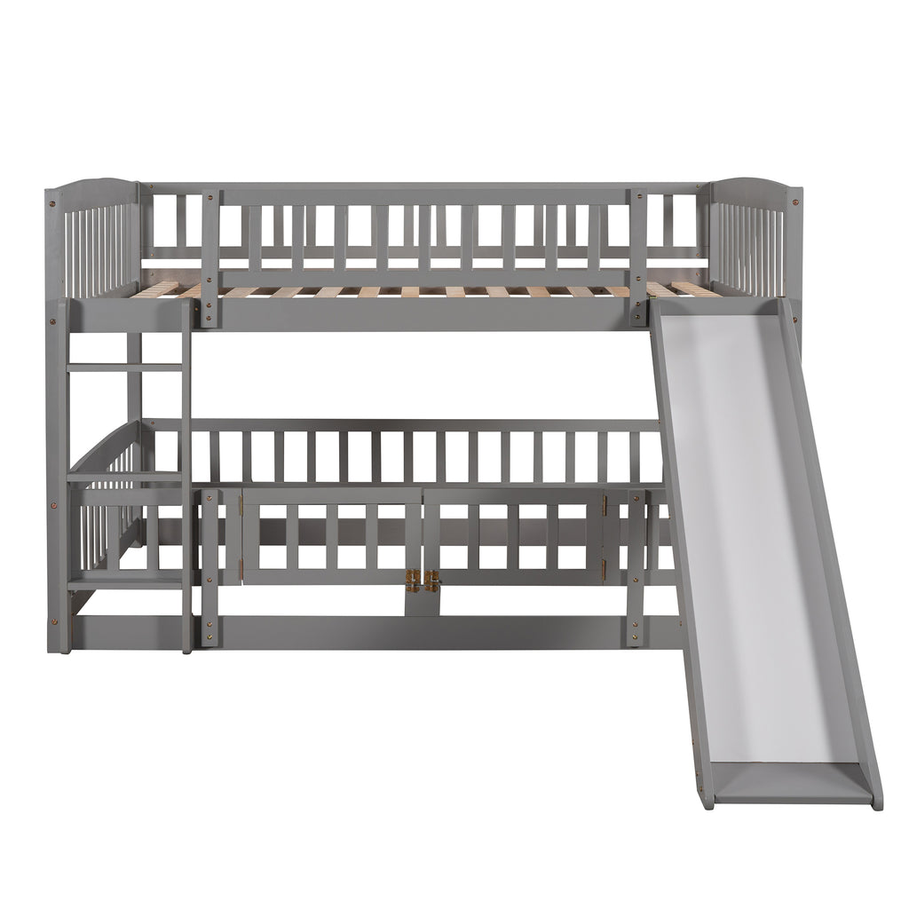 Gray pine wood bunk bed frame with upper guardrails