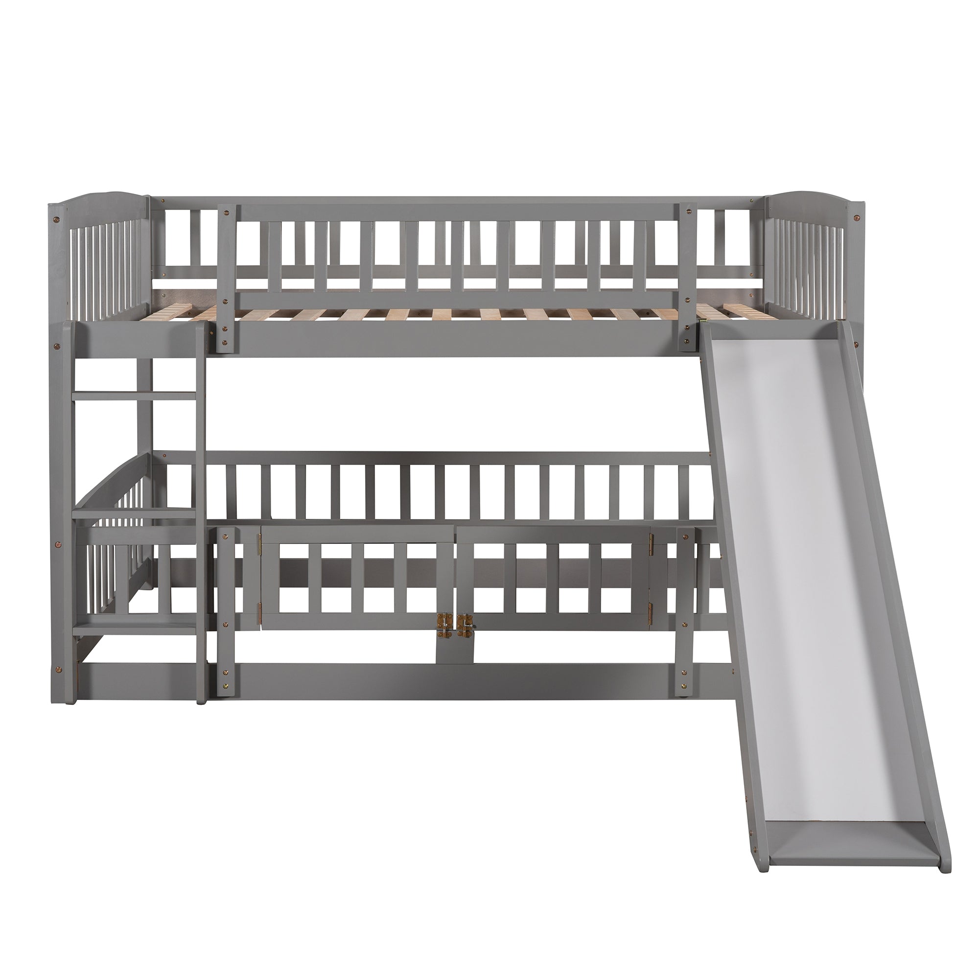 Gray pine wood bunk bed frame with upper guardrails