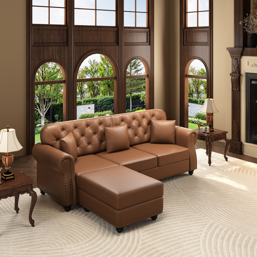 82.6'Upholstered Faux Leather Sofa with Nailhead Trim and Rolled Armrests,Mid-Century Modern Chesterfield Sofa with Button Tufted,Includes 3 Pillows,Black