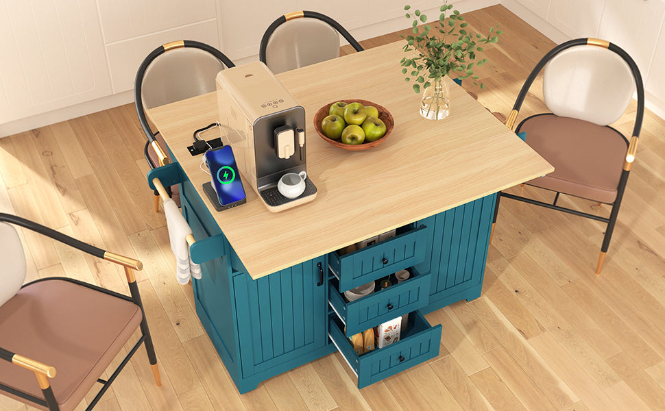 K&K 55.7'' Large Kitchen Island with 2 Drop Leaf,, Rolling Kitchen Cart on 5 Wheels with Power Outlet, Folding Storage Dining Table with Spice & Towel Rack , 3 Drawers, for Kitchen, Dining Room,Black