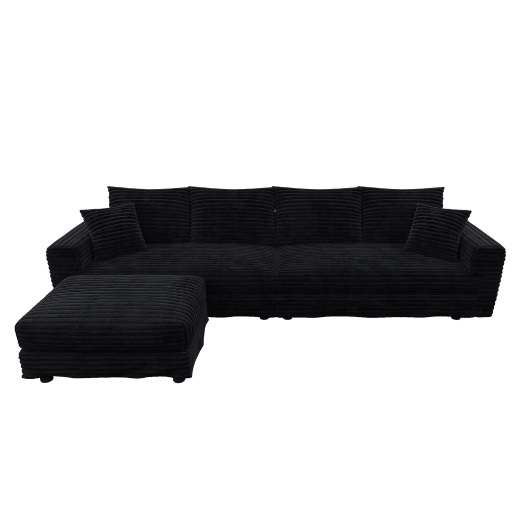 102.4 'Plush Corduroy 4-Seat Sofa,Modern Comfy Upholstered Sofa Cloud Couch,Deep Seat Couches with Soft Pillows and 3 Ottomans,Convertible Sofa Lounge Chair,Black(Old SKU:W1885S00287)