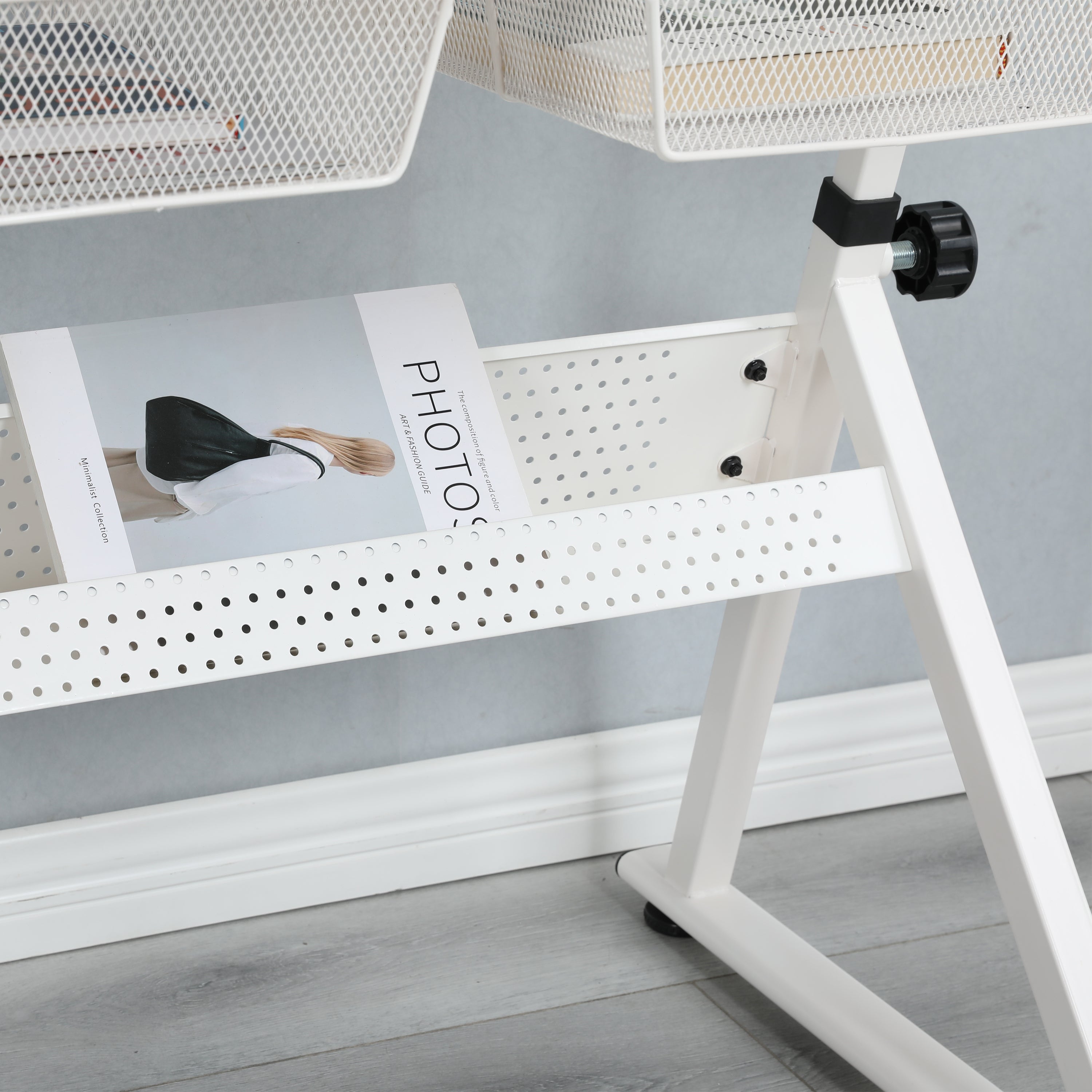 Two metal drawers and side storage strip close-up