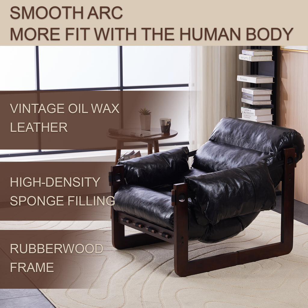 Retro leather accent chair with removable armrests — angle view