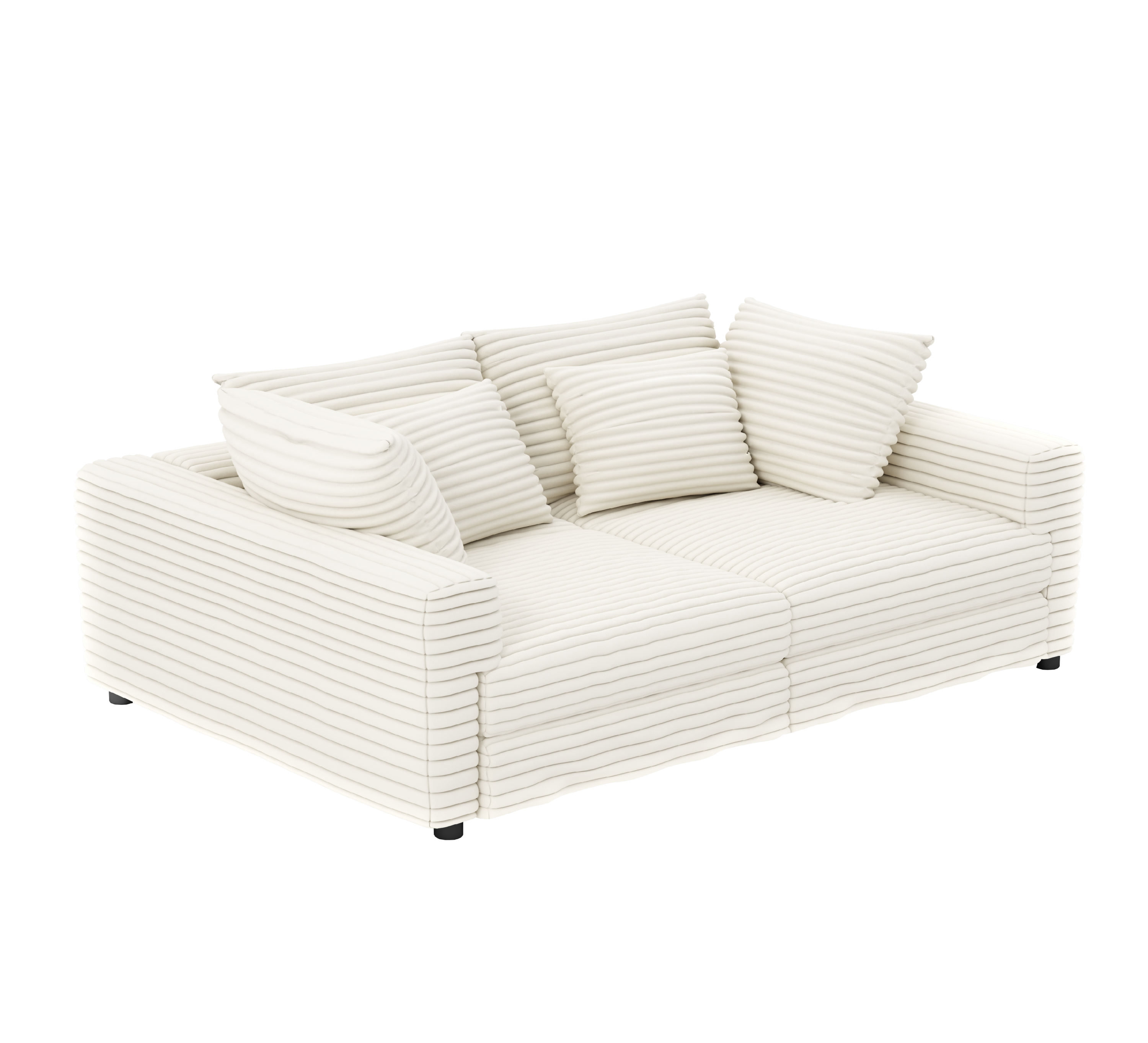 Beige and white corduroy sofa front three-quarter view