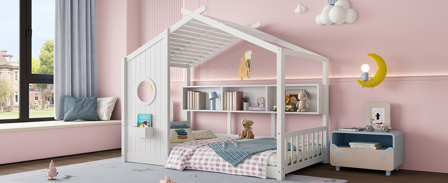Twin Size Floor House Bed for Toddler, Kids Montessori Bed with Storage Shelf, Playhouse Bed with Roof Design, Gray