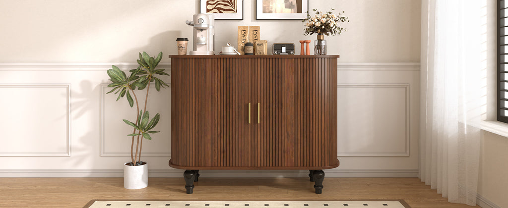 39' Fluted Liquor & Coffee Bar Cabinet with 6 Wine Racks and 3 Glass Holders, Mid-Century Modern Bar Cabinet with A Large Storage Drawer ,4 Hidden Storage Space on the Side , Black