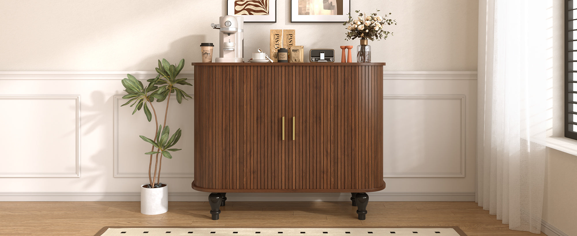 39' Fluted Liquor & Coffee Bar Cabinet with 6 Wine Racks and 3 Glass Holders, Mid-Century Modern Bar Cabinet with A Large Storage Drawer ,4 Hidden Storage Space on the Side , Black