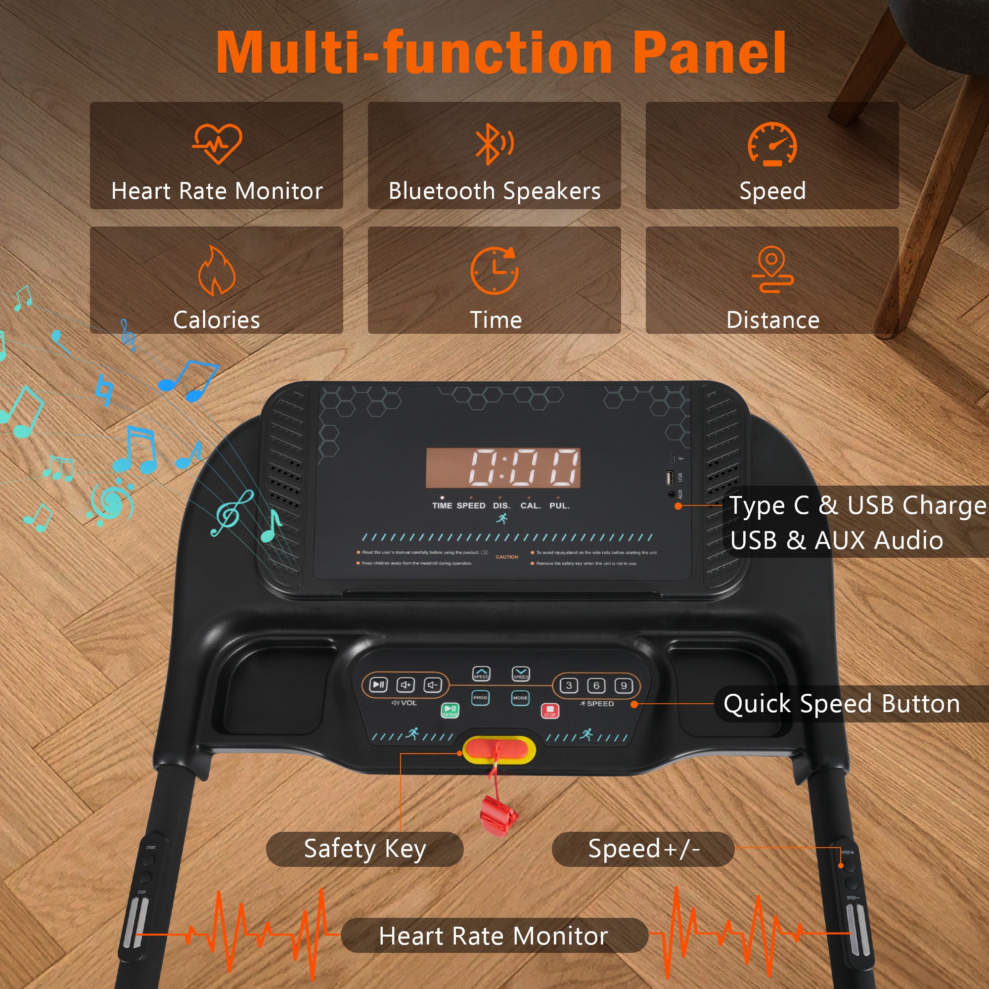 Bluetooth speaker and handheld heart rate sensors on console