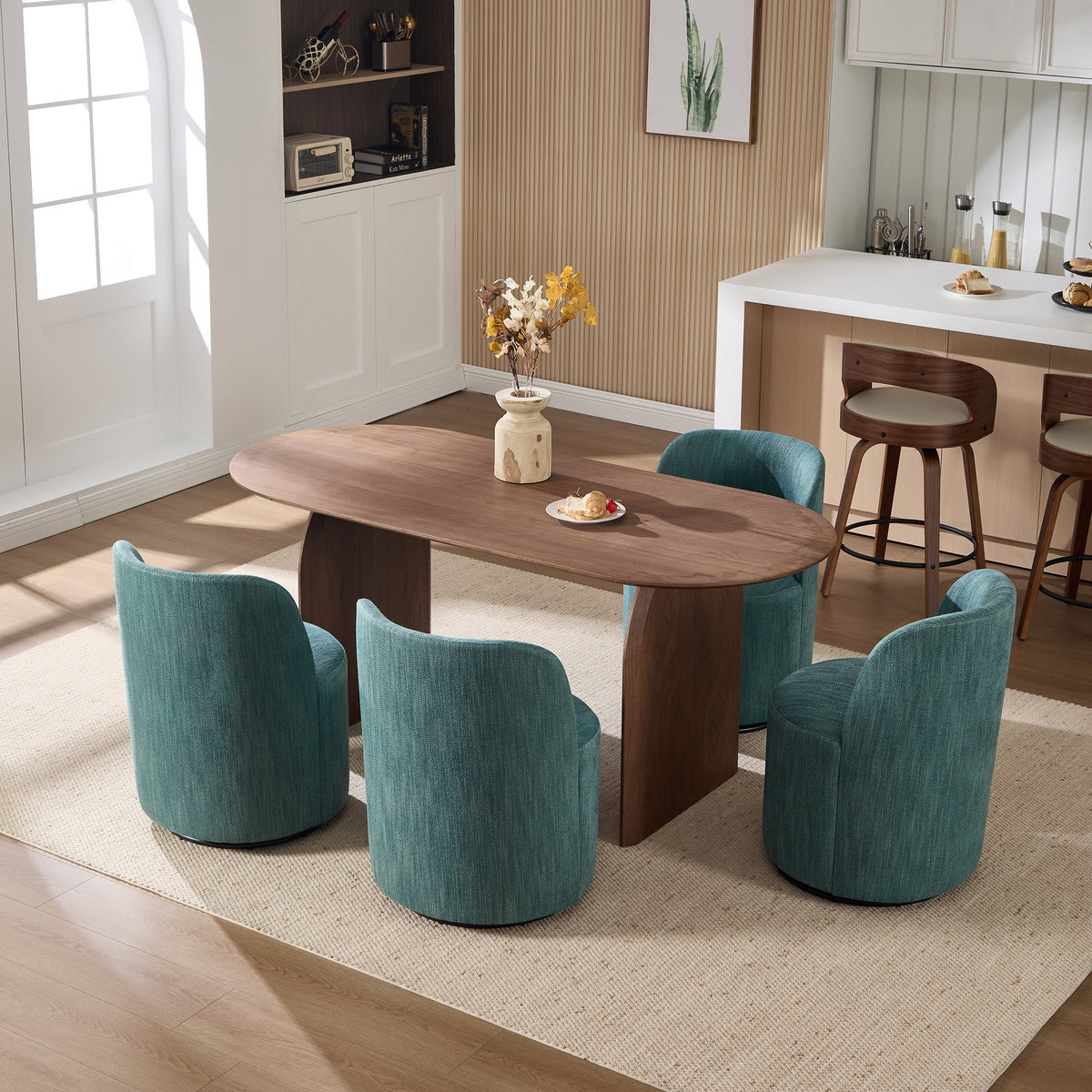 Set Of 1 Upholstered Kitchen & Dining Room Barrel Chair, Mid Century Modern Round Linen Dining Chair, 360 Degree Swivel Comfy Armless Accent Makeup Vanity Side Chair for Bedroom Living Room