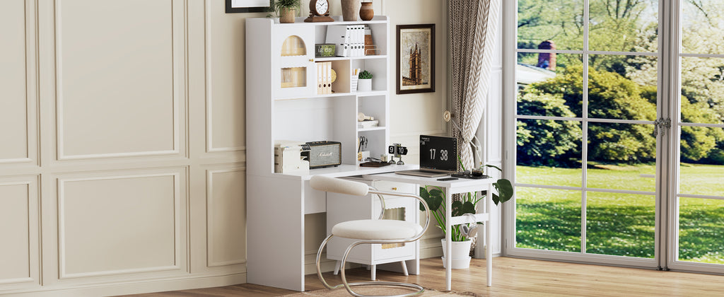 White computer desk with 90 degree rotating desktop glass cabinets and storage — product photo
