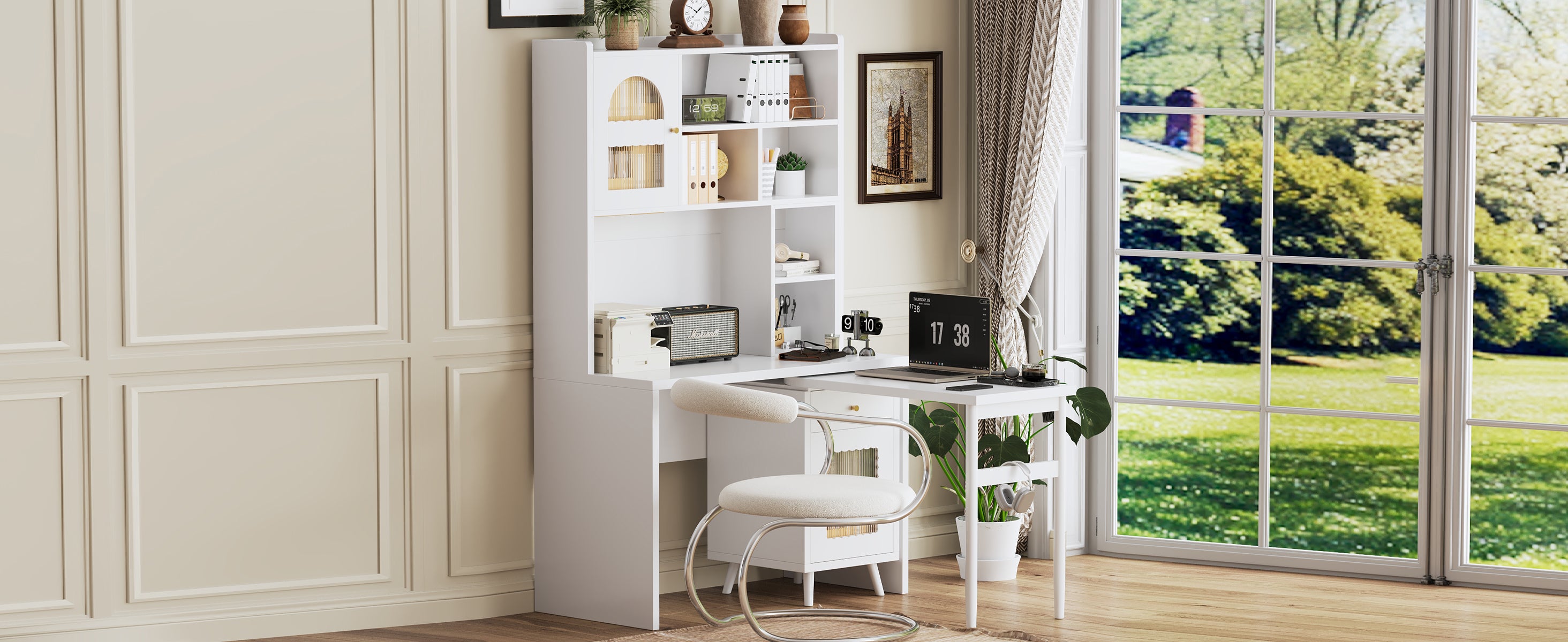 White computer desk with 90 degree rotating desktop glass cabinets and storage — product photo