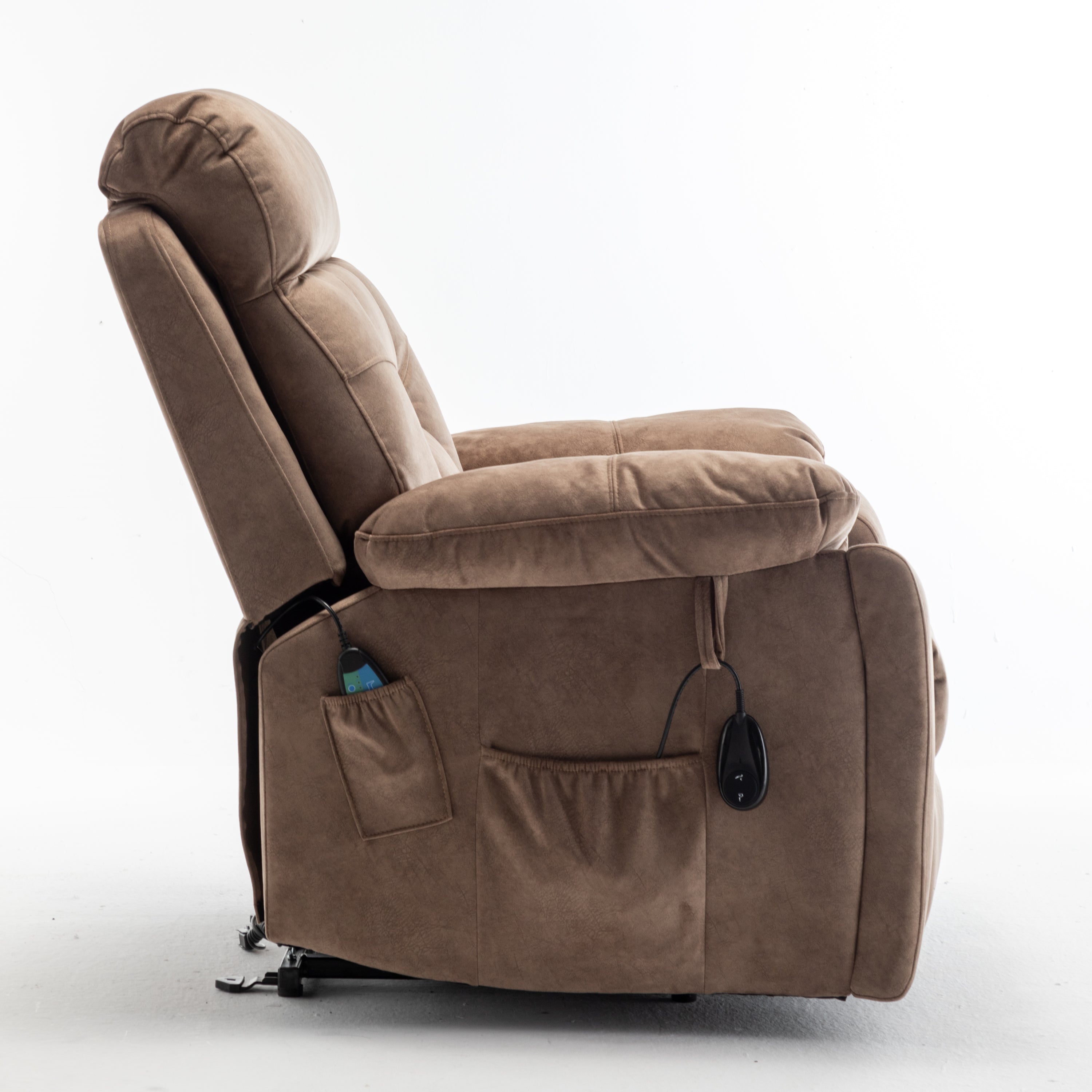 Electric reclining lift chair antique brown velvet — seated position