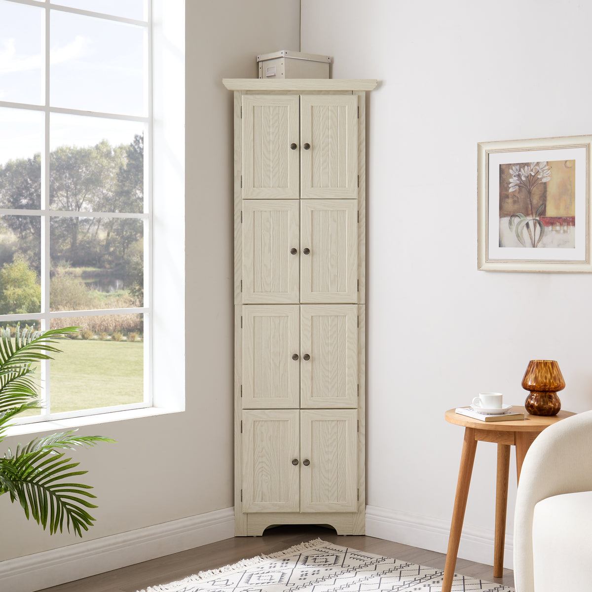 4-Tier 72' Corner Kitchen Pantry Storage Cabinet with 8 Doors Tall Storage Cabinet, Corner Cabinet and Shelves, Home farmhouse bookshelf Cabinet for Bathroom, Living room, Kitchen WHI
