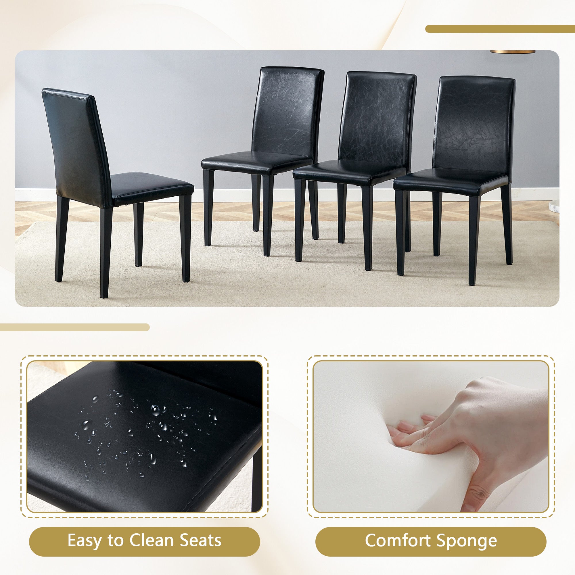 Table and chair set. 71 * 35.4 inch Wood grain MDF splicing desktop with X-shaped metal frame dining table.Includes 8 white PU dining chairs With Black Metal Legs.Making it an ideal choice for home.