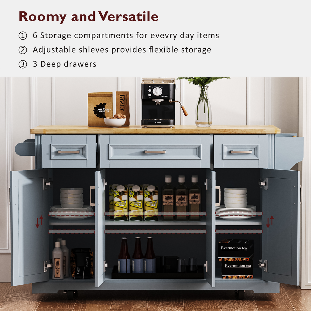 K&K 54inch Large Kitchen Island with Rubber Wood Drop Leaf, Embossed Texture Rolling Kitchen Cart on 4 Wheels with 4 Doors and 3 Drawers, Kitchen Island with Storage for Kitchen, Dining Room,Black