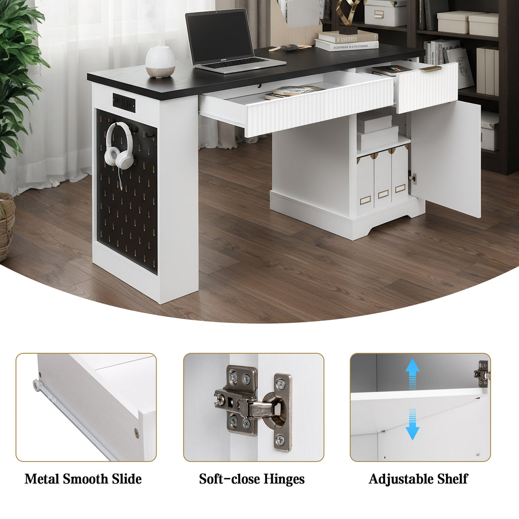 Pegboard hooks holding stationery on white office desk