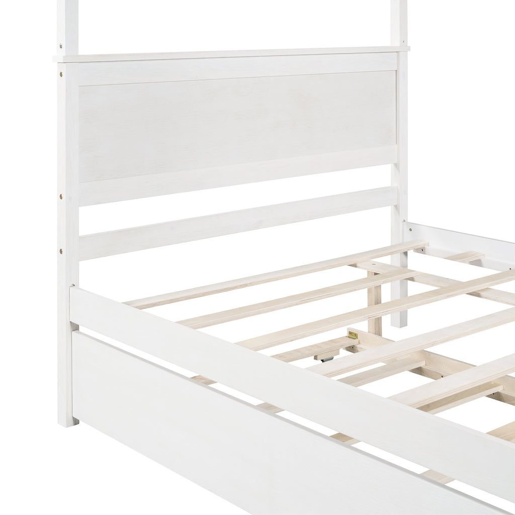 White canopy bed four-column frame structure