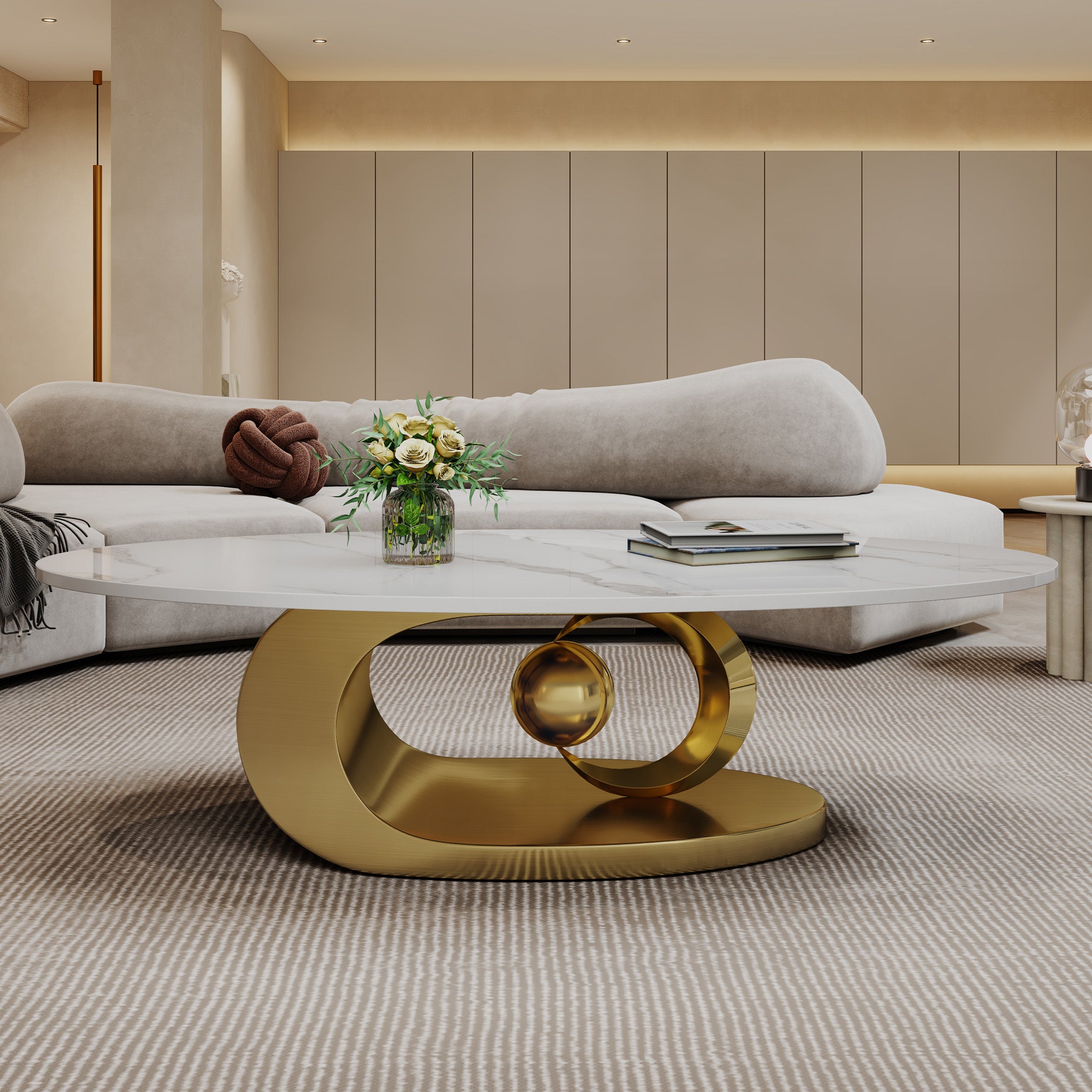 Gold white faux marble oval coffee table product photo