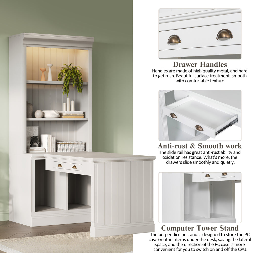 Writing desk surface with bookshelf tower storage layout