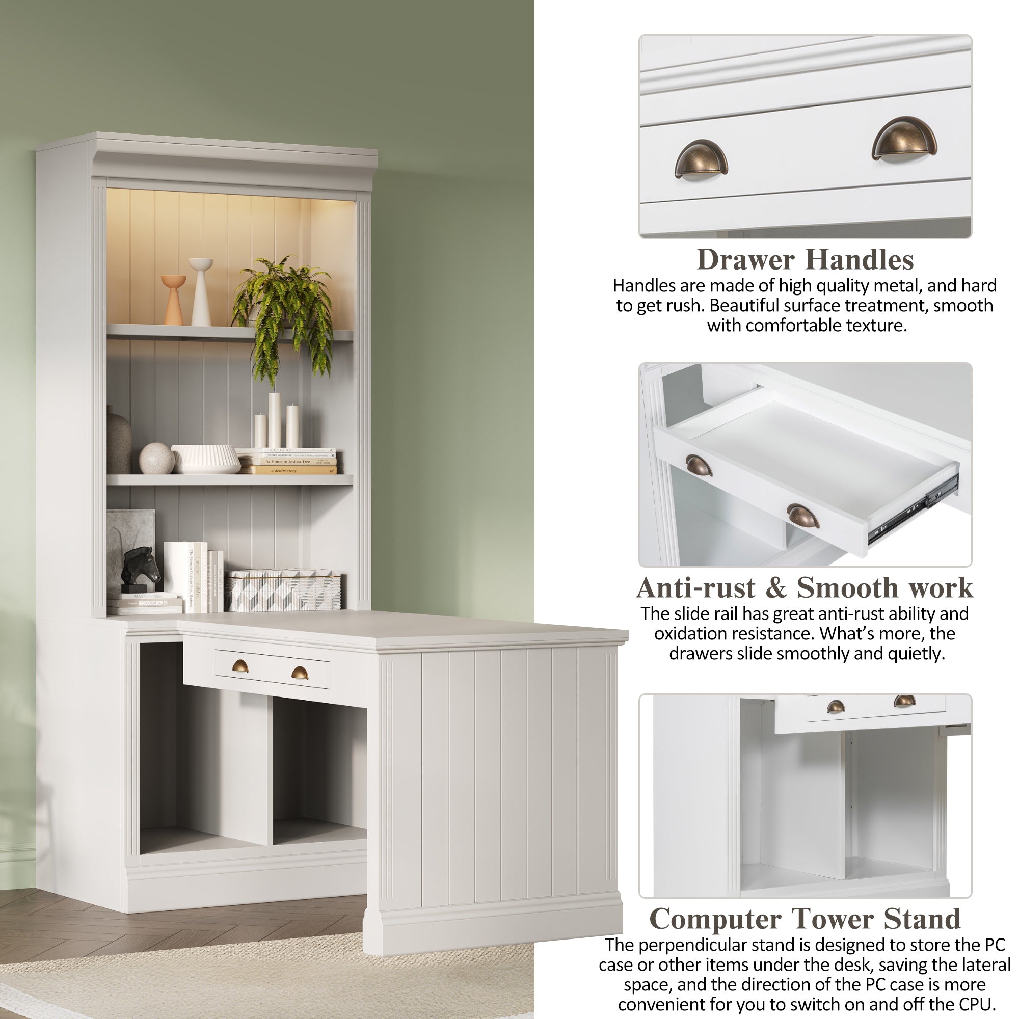 Writing desk surface with bookshelf tower storage layout
