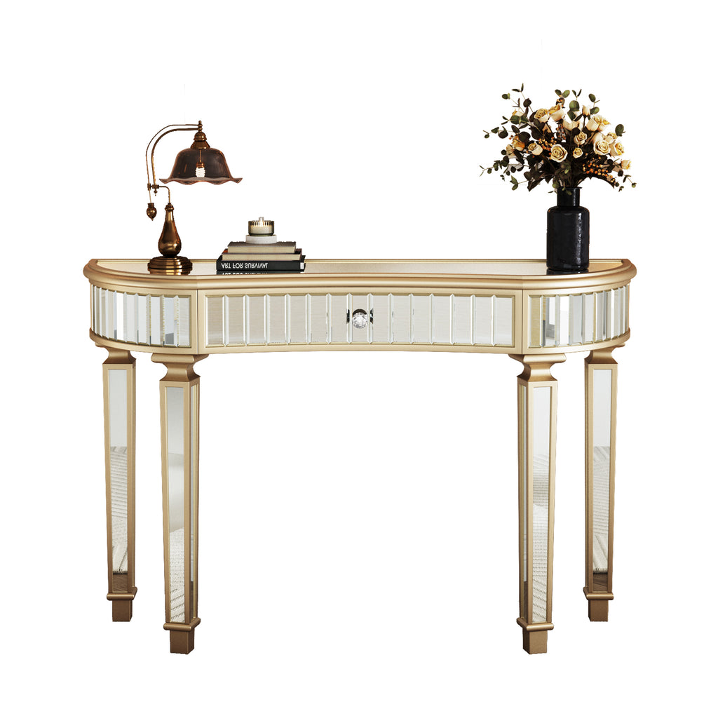Half-moon mirrored console table full product display