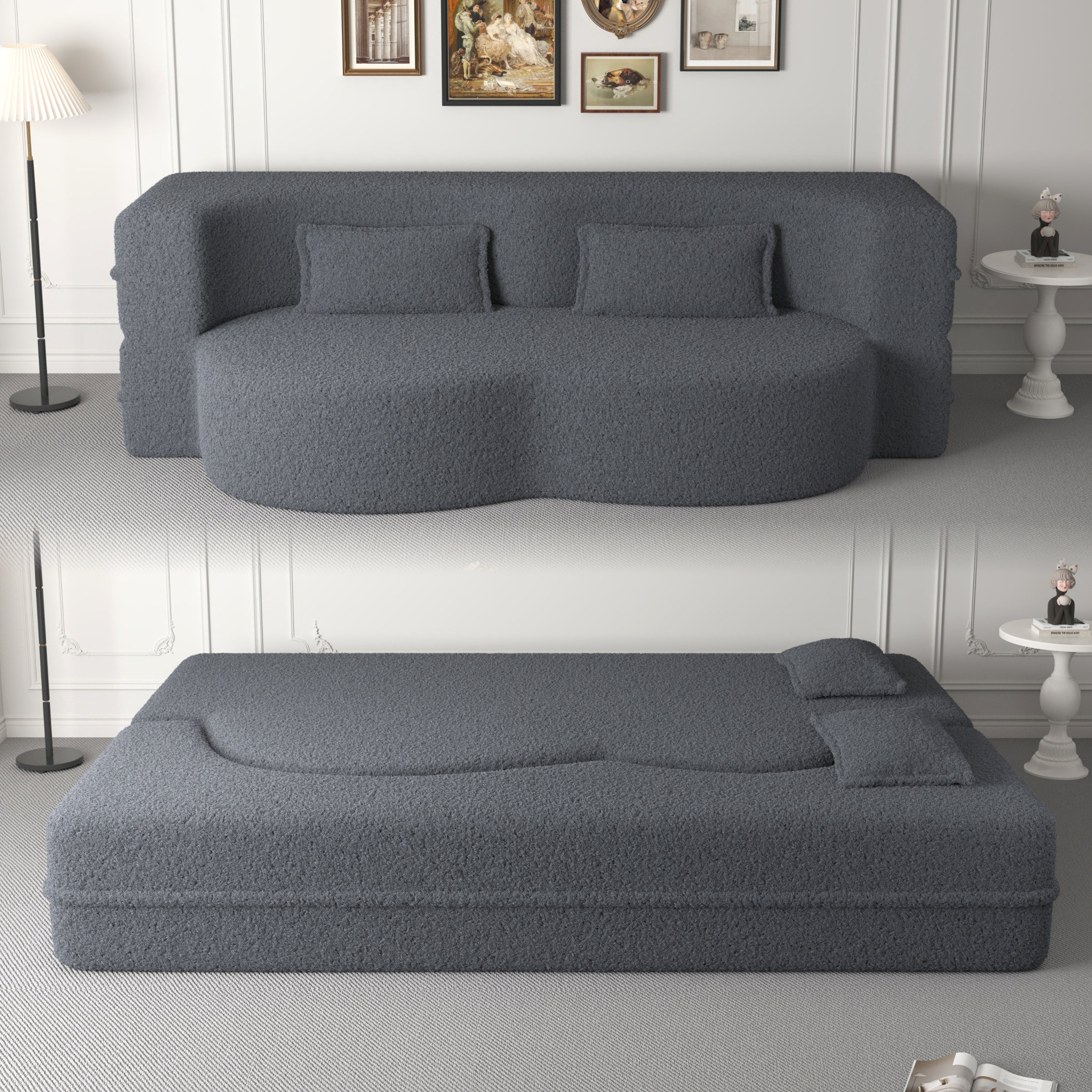 Sherpa Fleece Foldable Floor Sofa Bed — 3-in-1 Full Size, 78" Wide