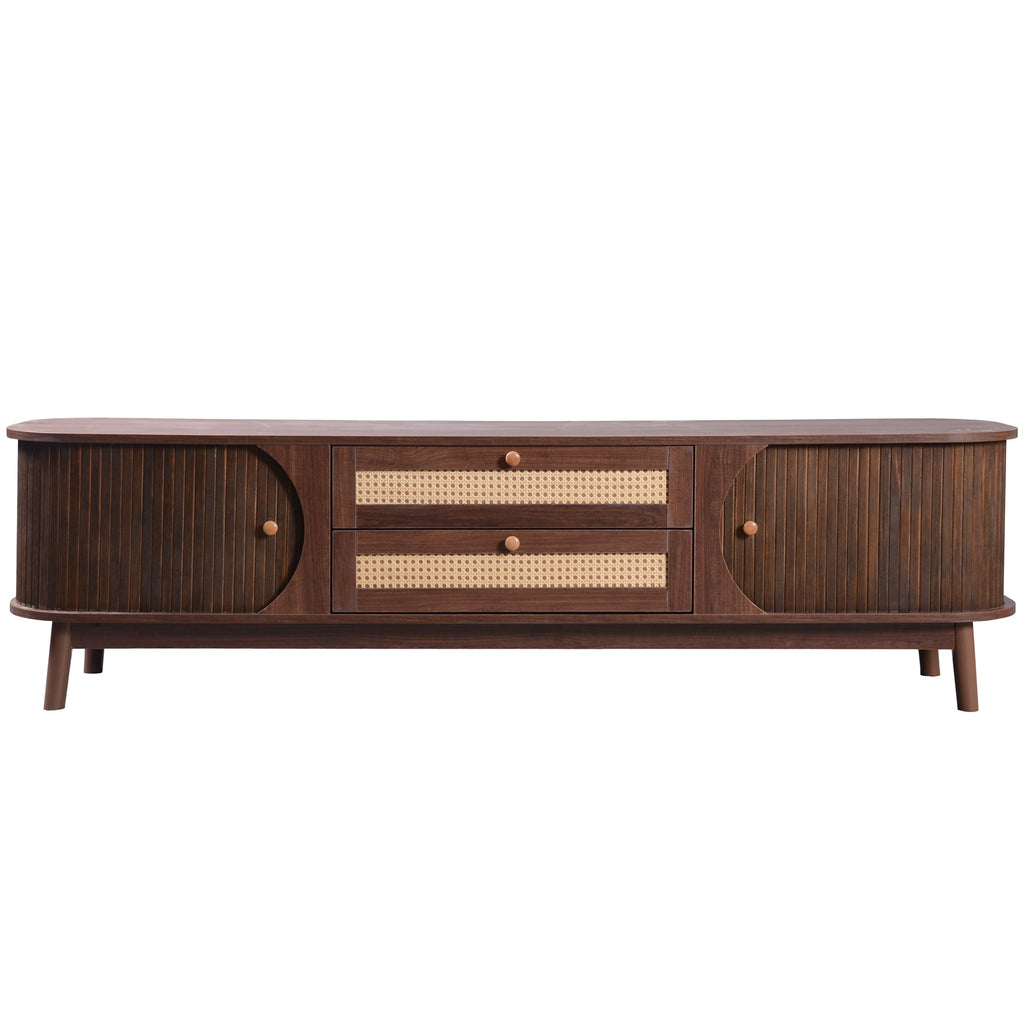 Modern Farmhouse Rattan TV Stand — for TVs Up to 75" (Natural Wood)