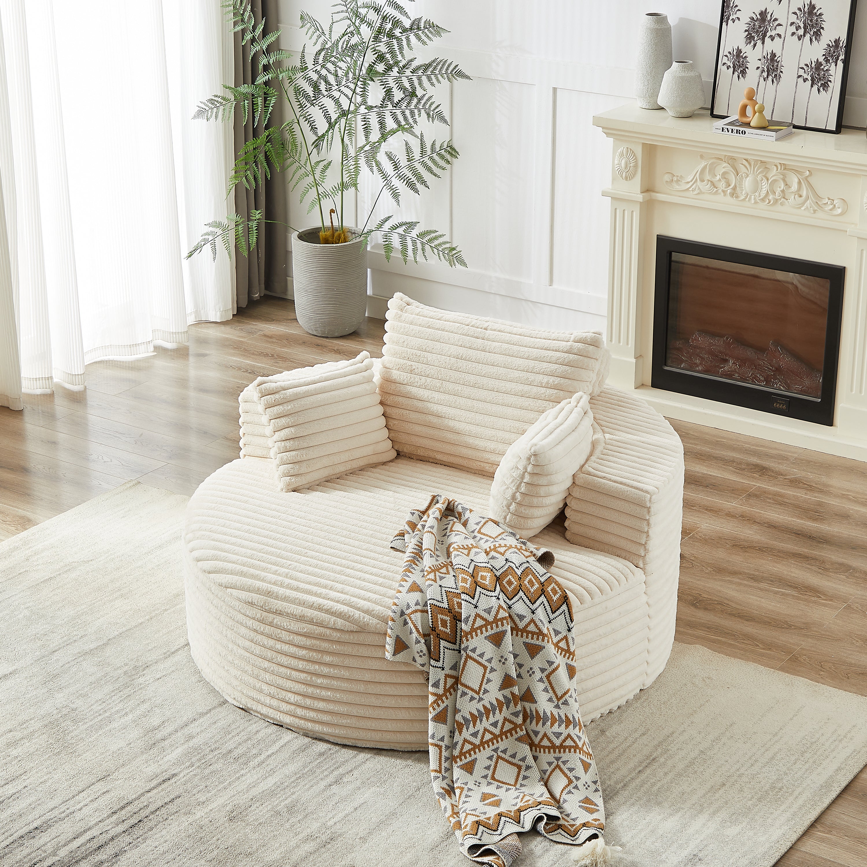 Beige corduroy single seat chair three-quarter view