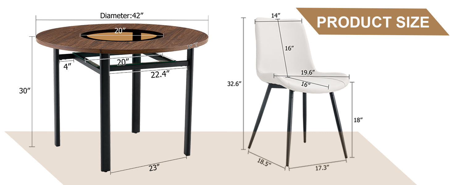 Table and chair set.42 inch modern minimalist brown wood grain round dining table set.Paired with 6 Black Artificial PU Chairs With Curved Widened Cushion Design. Suitable for dining rooms,office,etc.