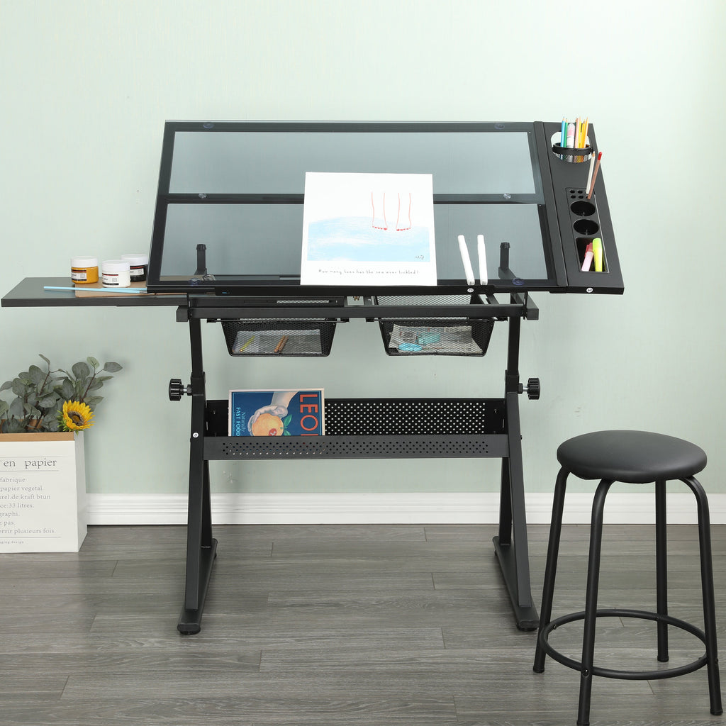 Adjustable Glass Drafting Table with Metal Drawers & Stool