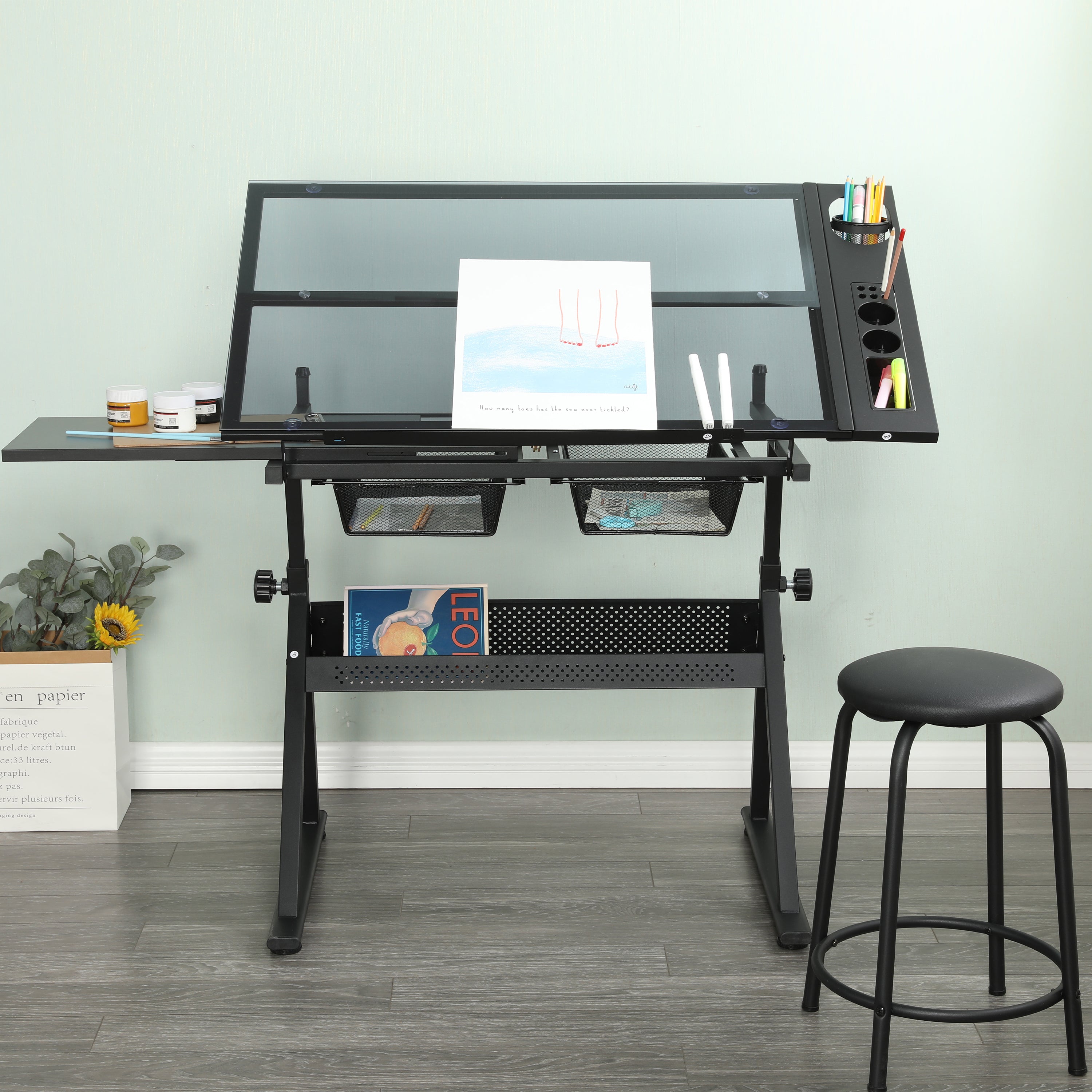 Adjustable Glass Drafting Table with Metal Drawers & Stool