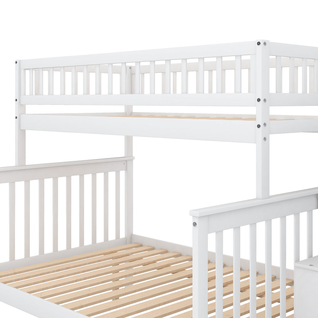 Twin over Full Stairway Bunk Bed with Side Shelves & Storage — Pine Wood