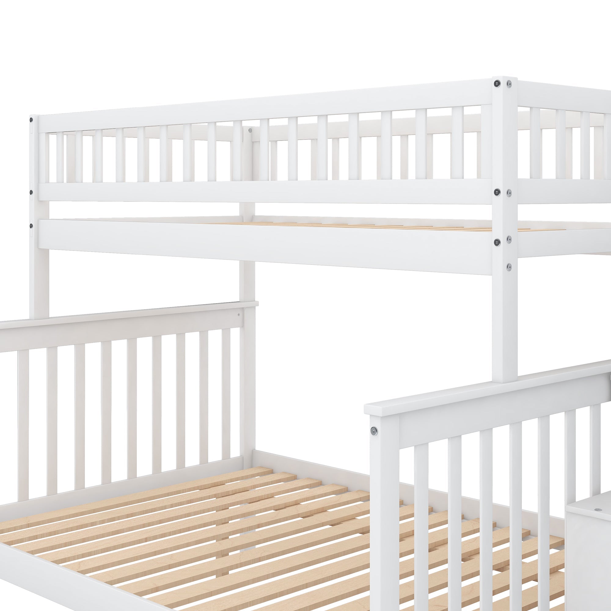 Twin over Full Stairway Bunk Bed with Side Shelves & Storage — Pine Wood